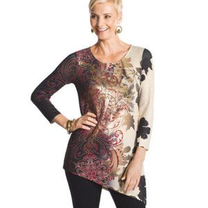 Chico's Sully Baroque-Print Top Size XL Metallic Asymmetric Hem Lightweight